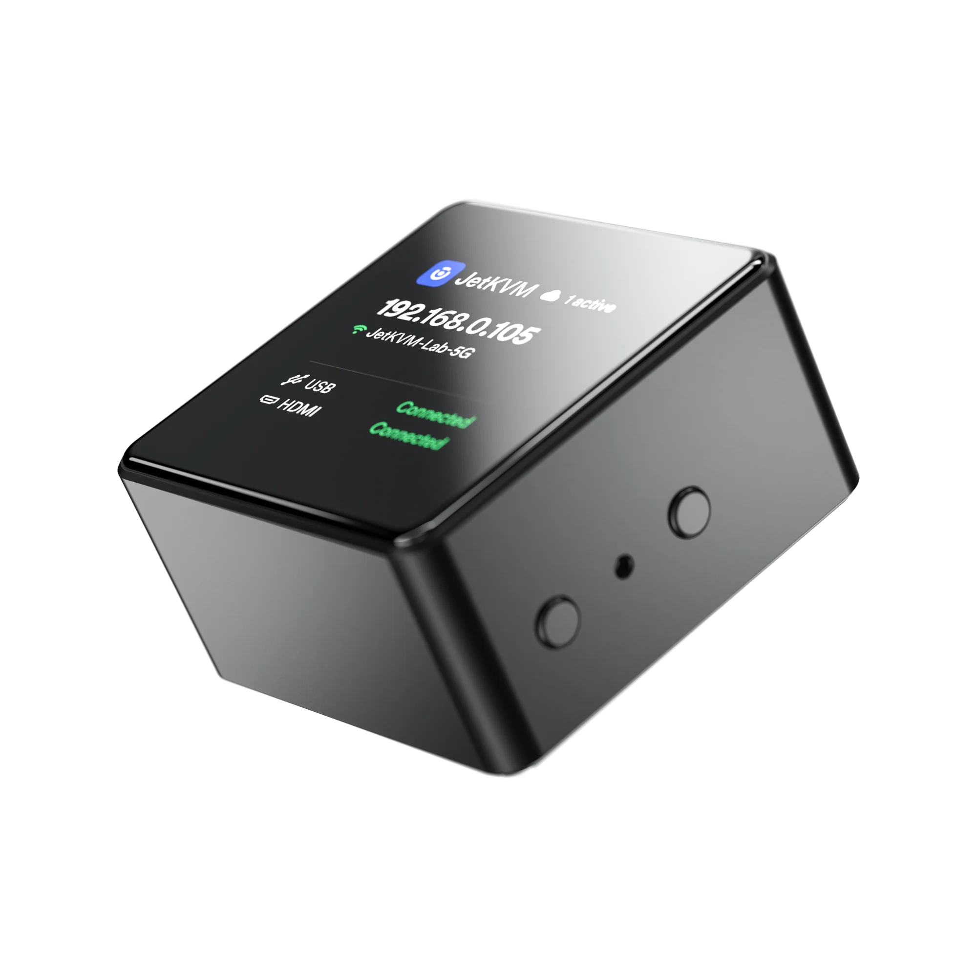 JetKVM Mini W from above, showing the display and side buttons
