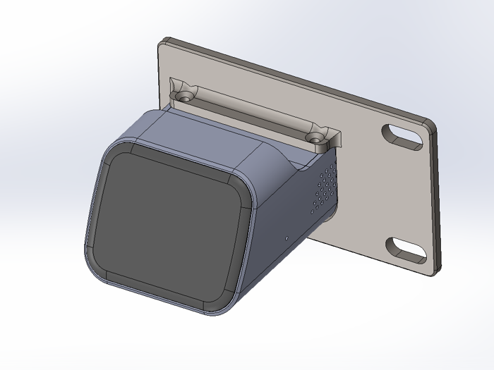 A side render of a bracket that mounts a JetKVM to a panel or wall.