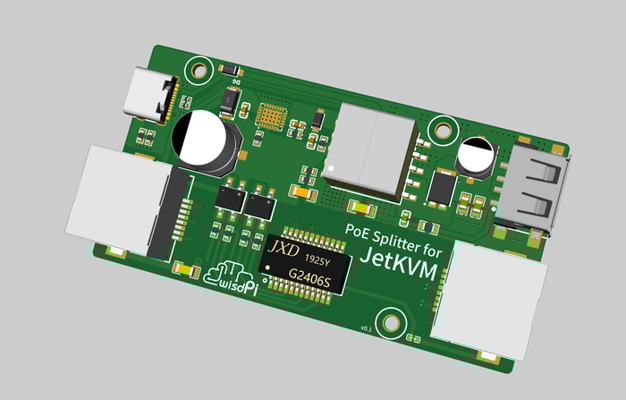 A community-designed PoE splitter board for JetKVM.