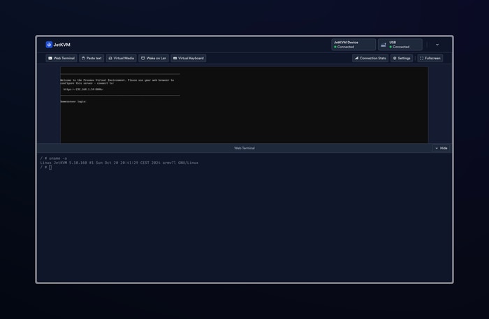 The JetKVM web terminal interface shown in a browser.